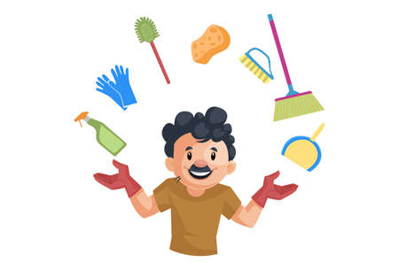 Vector graphic illustration of cleaning man with cleaning equipment. Individually on a white background.のイラスト素材