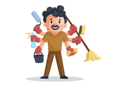 Vector graphic illustration. Cleaning man is doing multitasking with multiple hands. Individually on a white background.のイラスト素材