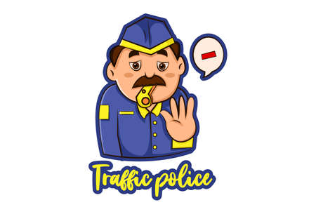 Vector graphic illustration. Traffic policeman is whistling. Lettering text - Traffic police. Individually on a white background.のイラスト素材