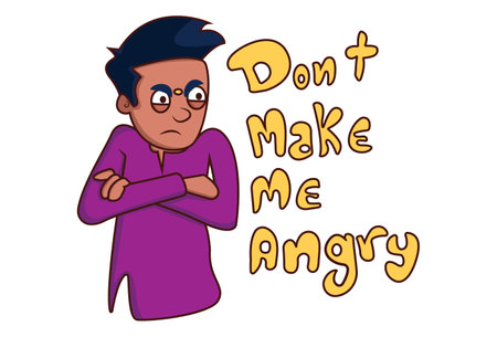 Vector cartoon illustration of a boy is angry. Lettering text don't make me angry. Isolated on white background.のイラスト素材