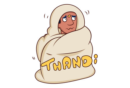 Vector cartoon illustration. Boy is sitting under the blanket. Thandi Hindi text translation- cold. Isolated on white background.のイラスト素材