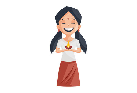 Vector graphic illustration of girl holding a burning lamp on Diwali. Individually on a white background.のイラスト素材