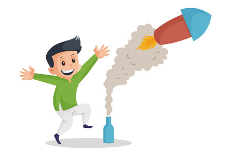 Vector graphic illustration. Boy burning firecrackers on Diwali. Individually on a white background.のイラスト素材