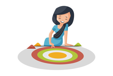 Vector graphic illustration. Girl is making rangoli on floor. Individually on a white background.のイラスト素材