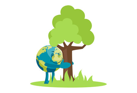 Vector graphic illustration of earth holding a tree with hand. Individually on a white background.のイラスト素材