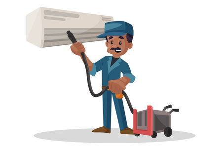 Vector graphic illustration. Electrician is cleaning ac with vacuum cleaner. Individually on a white background.のイラスト素材