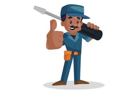 Vector graphic illustration. Electrician with screwdriver and showing thumbs up. Individually on a white background.のイラスト素材