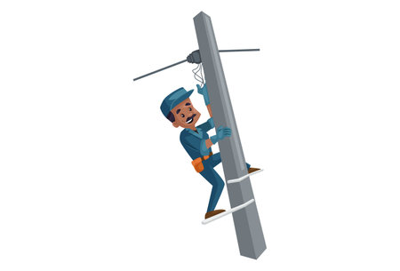 Vector graphic illustration. Electrician is fixing wires of an electric pole. Individually on a white background.のイラスト素材