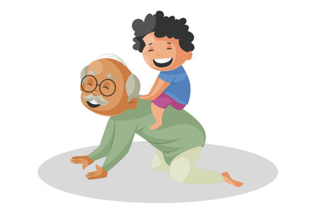 Vector graphic illustration. Grandfather is playing horse games with his grandson. Individually on a white background.のイラスト素材