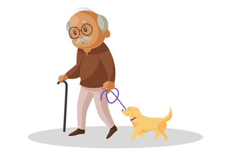 Vector graphic illustration. Grandfather is walking in the park with a pet dog. Individually on a white background.のイラスト素材