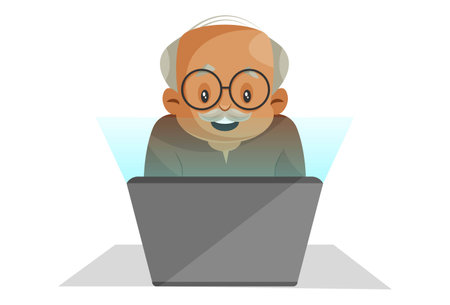 Vector graphic illustration. Grandfather is watching a movie on the laptop. Individually on a white background.のイラスト素材