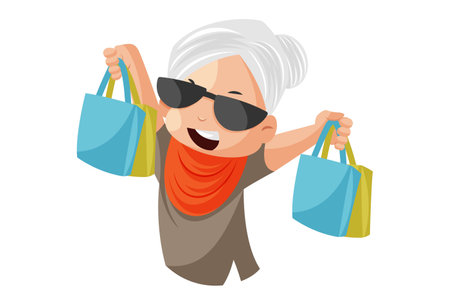 Vector graphic illustration. Grandmother is holding shopping bags in her hand. Individually on a white background.のイラスト素材