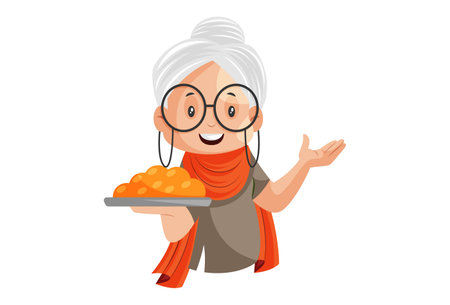 Vector graphic illustration. Grandmother is holding sweet plate in hand. Individually on a white background.のイラスト素材