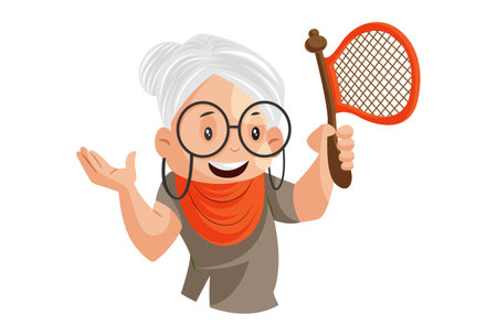 Vector graphic illustration. Grandmother holds a fan in her hand. Individually on a white background.のイラスト素材