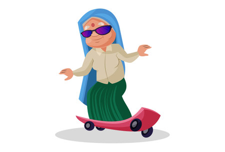 Vector graphic illustration. Haryanvi woman is riding a skateboard. Individually on a white background.のイラスト素材
