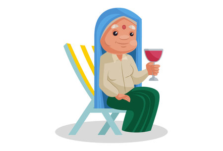 Vector graphic illustration. Haryanvi Woman is sitting on chair and drinking cold drinks. Individually on a white background.のイラスト素材