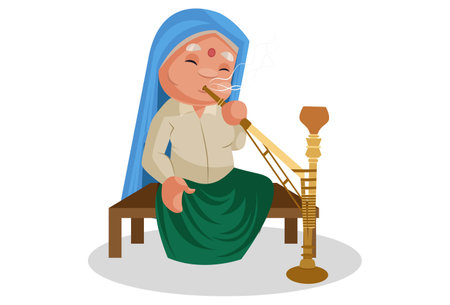 Vector graphic illustration. Haryanvi woman is sitting on woven bed and enjoying hookah. Individually on a white background.のイラスト素材