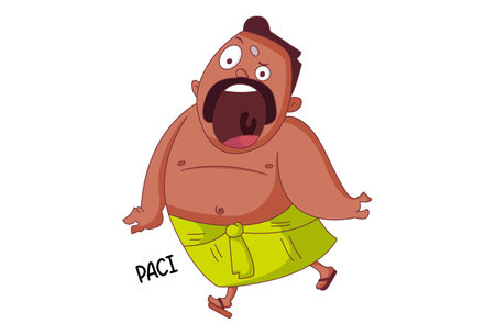 Vector cartoon illustration. Tamil man is hungry. Paci Tamil text translation - hunger. Isolated on white background.のイラスト素材