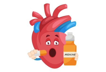 Vector graphic illustration. Heart character is holding a tablet and medicine bottle in hand. Individually on a white background.のイラスト素材