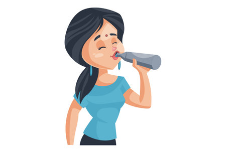 Vector graphic illustration. Woman is drinking water with bottle. Individually on a white background.のイラスト素材