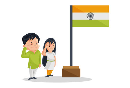 Vector graphic illustration. Boy and girl are giving a salute to the flag. Individually on a white background.のイラスト素材