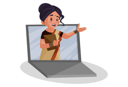 Vector graphic illustration. Indian lady teacher is giving online classes on laptop. Individually on a white background.のイラスト素材