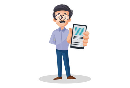 Vector graphic illustration. Indian male teacher is showing mobile for online education. Individually on a white background. - Stock Image - Everypixel