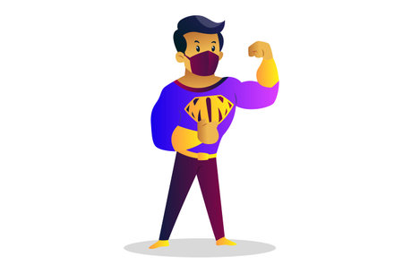 Vector graphic illustration. Mask man is showing his biceps. Individually on a white background.のイラスト素材