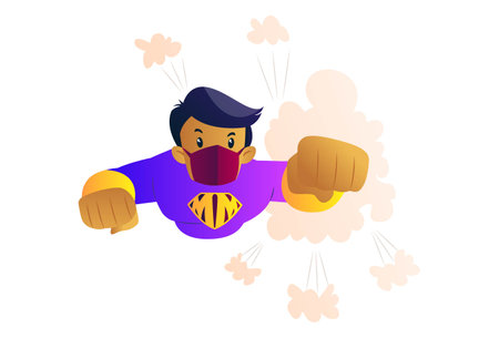 Vector graphic illustration. Mask man is flying high and fighting with corona. Individually on a white background.のイラスト素材