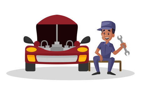 Vector graphic illustration. Indian mechanic is resting while repairing a car. Individually on a white background.のイラスト素材