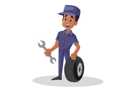 Vector graphic illustration. Indian mechanic is holding wheel and wrench in hand. Individually on a white background.のイラスト素材