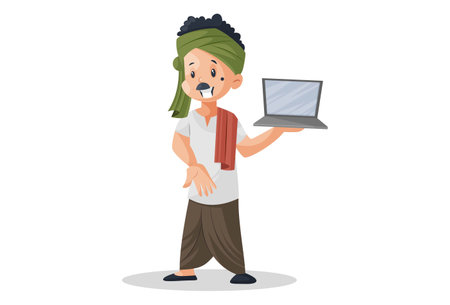 Vector graphic illustration. Milkman is holding a laptop in hand. Individually on white background.のイラスト素材