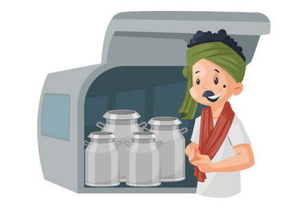 Vector graphic illustration of a milkman with milk containers. Individually on white background.のイラスト素材