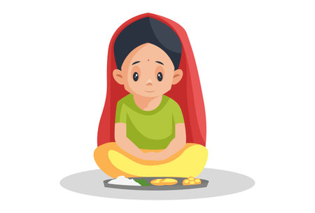 Vector graphic illustration. Girl is sitting on the floor with the front of food plate. Individually on white background.のイラスト素材