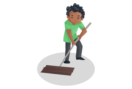 Vector graphic illustration. Office boy is holding wiper and cleaning the floor. Individually on a white background.のイラスト素材