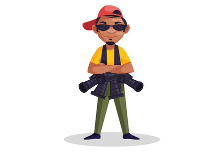 Vector graphic illustration. Indian photographer is holding many cameras. Individually on a white background.のイラスト素材