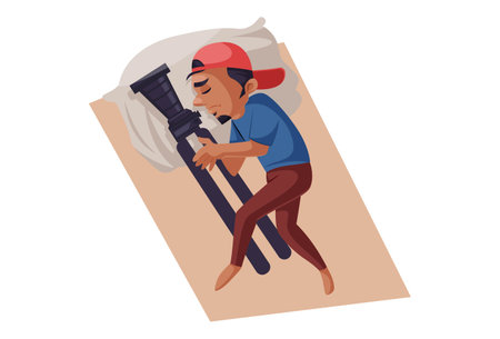Vector graphic illustration. Indian photographer is sleeping with camera and tripod. Individually on a white background.のイラスト素材