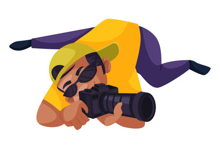 Vector graphic illustration. Indian photographer is taking photo in a unique style. Individually on a white background.のイラスト素材