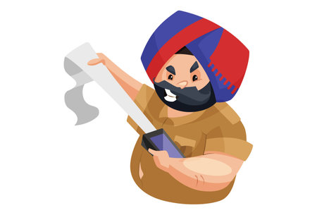 Vector graphic illustration. Police man is holding slip and challan machine in hand. Individually on a white background.のイラスト素材