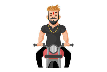 Vector graphic illustration. Rajput boy riding a motorcycle. Individually on a white background.のイラスト素材