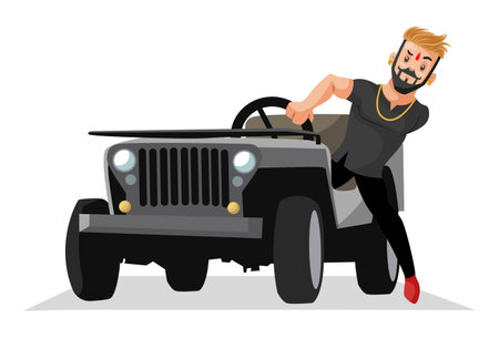 Vector graphic illustration. Rajput boy standing with the vehicle. Individually on a white background.のイラスト素材