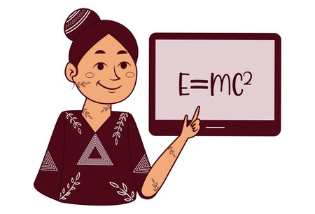 Vector cartoon illustration of a lady teacher showing a blackboard. Isolated on white background.のイラスト素材