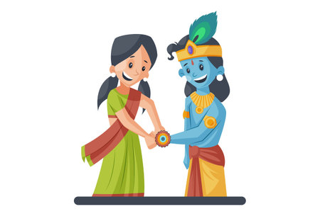 Vector graphic illustration. Girl tying rakhi to Lord Krishna. Individually on a white background.のイラスト素材