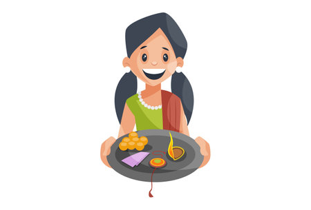 Vector graphic illustration. Girl holding the pooja plate in hands. Individually on a white background.のイラスト素材