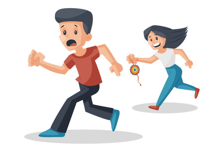 Vector graphic illustration. A girl running back to boy for the Raksha Bandhan. Individually on a white background.のイラスト素材
