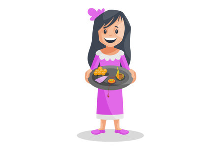 Vector graphic illustration. A girl holding the plate in hand and celebrating the Raksha Bandhan. Individually on a white background.のイラスト素材
