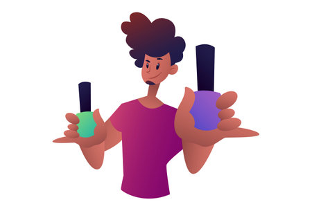 Vector graphic illustration. Salon man is holding nail paint in hand. Individually on a white background.のイラスト素材