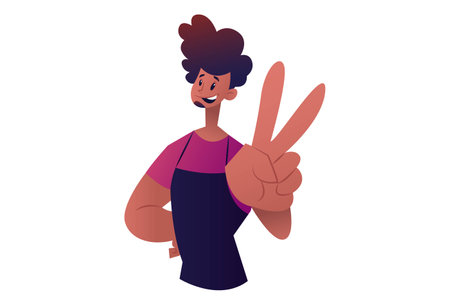 Vector graphic illustration. Salon man is happy and showing victory sign. Individually on a white background.のイラスト素材