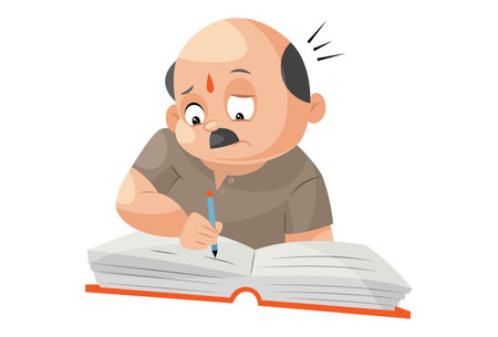 Vector graphic illustration. Shopkeeper is writing with pen on notebook. Individually on a white background.のイラスト素材