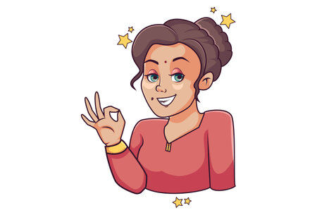 Vector cartoon illustration of a woman giving an ok sign. Isolated on white background.のイラスト素材